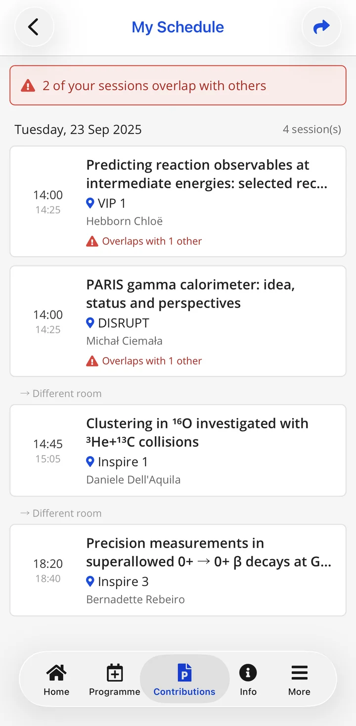 My Schedule in HEPCon warning that two saved talks at 14:00 overlap