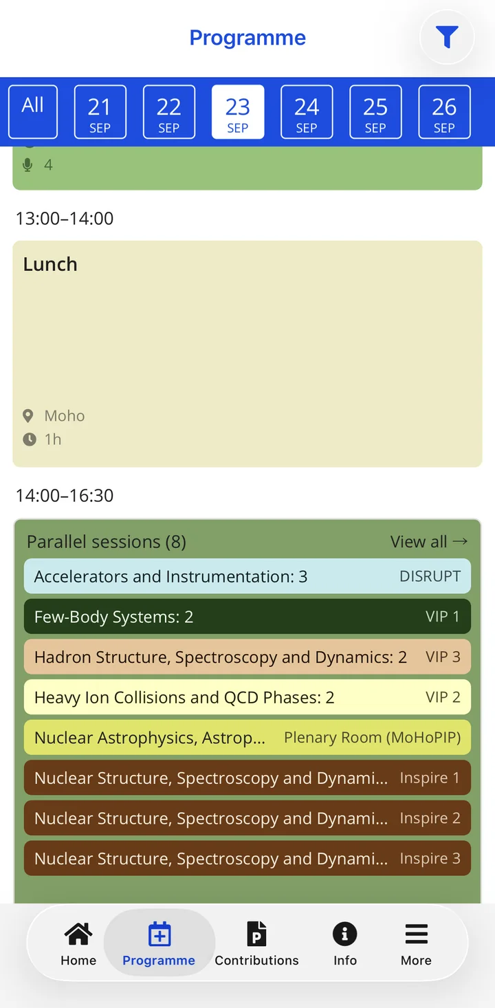 HEPCon programme for 23 September at EuNPC 2025: eight parallel sessions from 14:00, each with its room