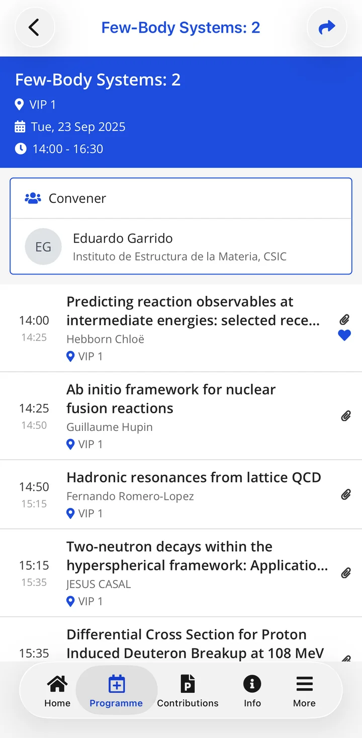 A session page in HEPCon: room, time, convener and its talks in order