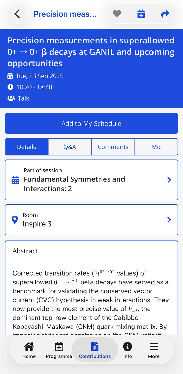A talk page in HEPCon: title, time, room, and an abstract with its mathematics rendered