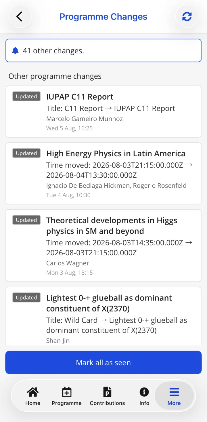 Programme Changes in HEPCon at ICHEP 2026: a count of 41 changes and a list of updated talks, each showing what changed, such as a new title or a moved time