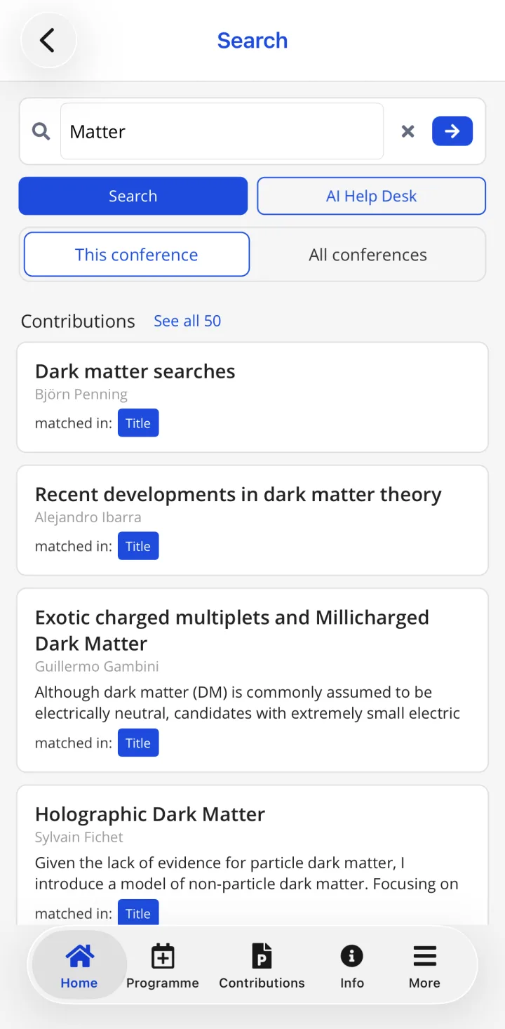 HEPCon search at ICHEP 2026: talks matching “Matter”, each with its speaker and the start of its abstract