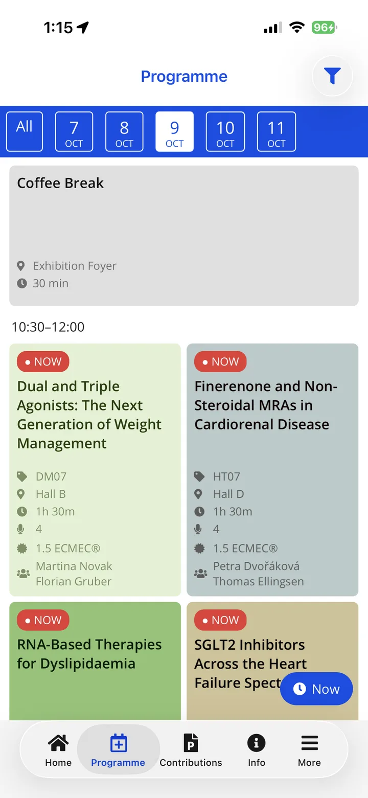 The programme in the HEPCon app: four parallel sessions at 10:30, each with its room, its length, its talk count, its 1.5 ECMEC credits and its conveners