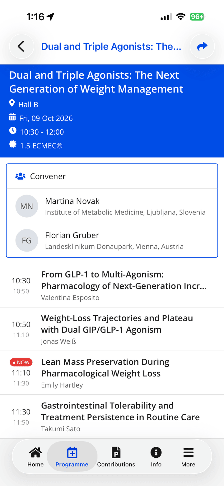 A session page in the HEPCon app: its room, date and time, 1.5 ECMEC credits, its two conveners and its talks in order