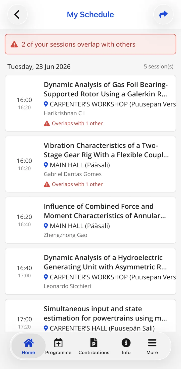 My Schedule in HEPCon at IFToMM Rotordynamics 2026, warning that two saved talks at 16:00 overlap