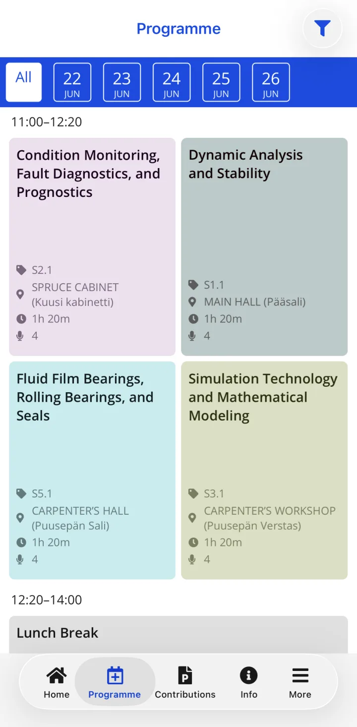 HEPCon programme at IFToMM Rotordynamics 2026: four parallel sessions from 11:00, each with its session code and room