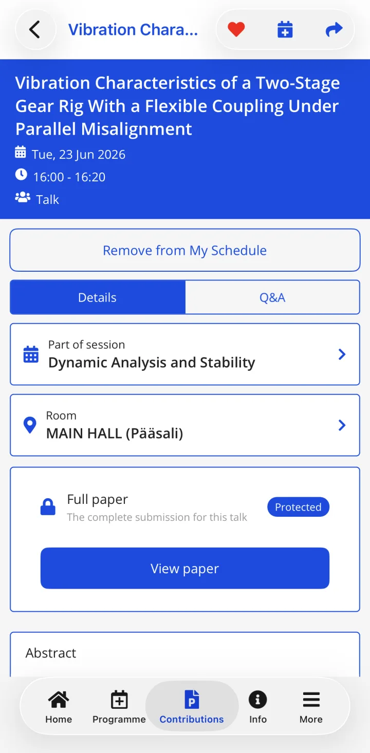 A talk page in HEPCon at IFToMM Rotordynamics 2026: date, time, session, room, and the full paper behind a password